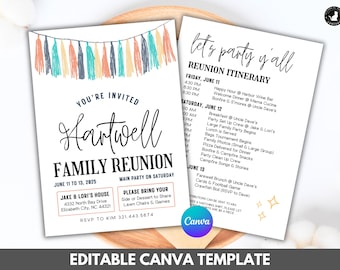 Familientreffen-Einladung & Reiseplan: Minimalistisches Quasten-Design (Canva Template)