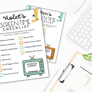 May include: Two printable checklists for children to earn screen time. Each checklist has a list of chores and activities, such as reading, playing outside, and helping with chores. Each task is worth 10 minutes of screen time. The checklists are decorated with a cartoon television set and the text "Minutes Earned".