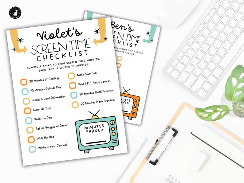 May include: Two printable checklists for children to earn screen time. Each checklist has a list of chores and activities, such as reading, playing outside, and helping with chores. Each task is worth 10 minutes of screen time. The checklists are decorated with a cartoon television set and the text "Minutes Earned".