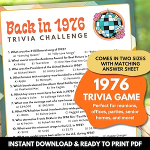 May include: A trivia game sheet titled "Back in 1976 Trivia Challenge" with multiple-choice questions. The design features a disco ball graphic and text that reads "Comes in two sizes with matching answer sheet" and "1976 Trivia Game".