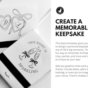 May include: White blank keepsake templates with black graphic designs. One features two heart-shaped frames with initials and bows. Another has champagne glasses and the text "This Night Is Sparkling". The text "Create a Memorable Keepsake" is also visible.