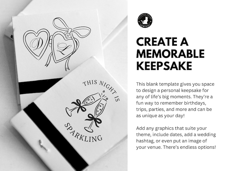 May include: White blank keepsake templates with black graphic designs. One features two heart-shaped frames with initials and bows. Another has champagne glasses and the text "This Night Is Sparkling". The text "Create a Memorable Keepsake" is also visible.
