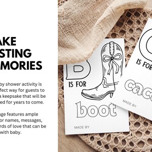 May include: Black and white printable baby shower activity featuring a cowboy boot and a cactus. The text "B is for boot" and "C is for cactus" is included on the pages.