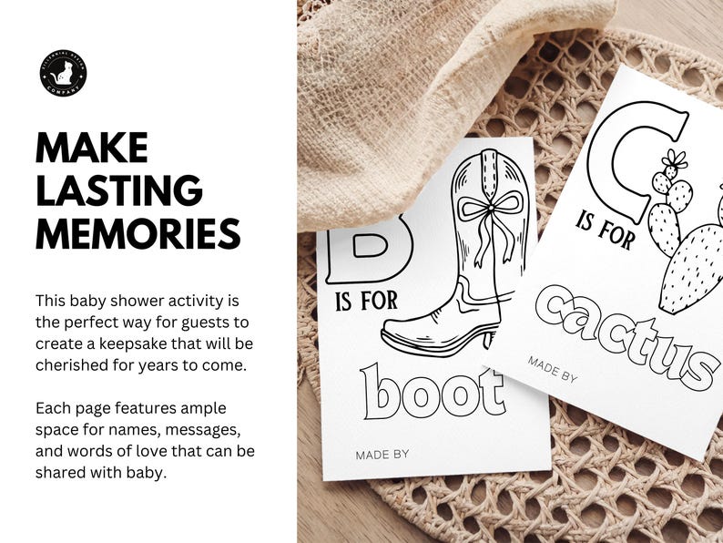 May include: Black and white printable baby shower activity featuring a cowboy boot and a cactus. The text "B is for boot" and "C is for cactus" is included on the pages.