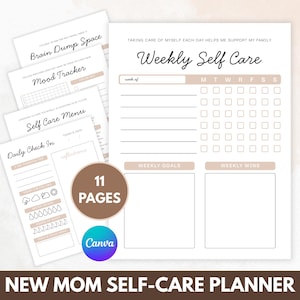 Lista de verificação do planejador de autocuidado para novas mães, diário, planejador digital para impressão, modelo editável do Canva | Presente para gravidez para novas mães, ideias para mães de primeira viagem