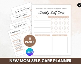 New Mom Self-Care Planner: Editable Canva Template for First Time Moms Digital Printable Planner (Digital Planner)