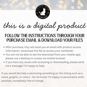 May include: White digital product information card with black text. The text reads "this is a digital product" and provides instructions for downloading files after purchase. A logo with a cat is at the top.