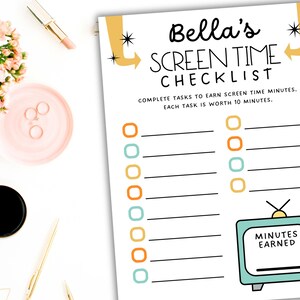 May include: A printable checklist for kids to earn screen time. The checklist has a retro design with yellow stars and a TV icon. The text reads "Bella's Screen Time Checklist" and "Complete tasks to earn screen time minutes. Each task is worth 10 minutes."