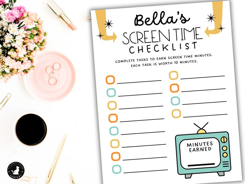 May include: A printable checklist for kids to earn screen time. The checklist has a retro design with yellow stars and a TV icon. The text reads "Bella's Screen Time Checklist" and "Complete tasks to earn screen time minutes. Each task is worth 10 minutes."