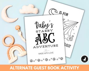 Celestial Baby Shower ABC Coloring Book: Space Themed Baby Shower Guest Book Alternative Adult Baby Shower Games Over the Moon Twinkle Star