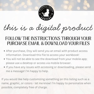 May include: A white information sheet for a digital product, with black text detailing download instructions and support contact. A circular logo featuring a cat silhouette is at the top. The text states 'this is a digital product'.