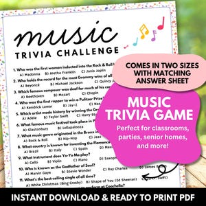 Preguntas de juegos de trivia sobre música imprimibles / Trivia de primavera sobre músicos, pop, rock and roll y jazz para niños, adultos mayores, iglesias, escuelas y oficinas