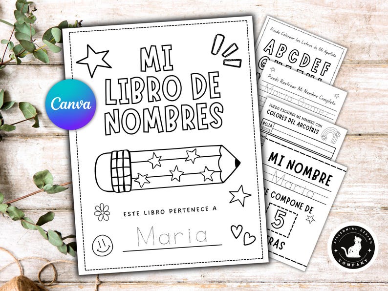 May include: Black and white activity book titled "MI LIBRO DE NOMBRES" with a pencil illustration and the name "Maria". Includes pages for coloring letters, writing names, and counting letters. Canva logo is visible.