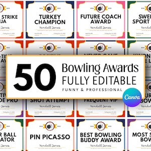 May include: A collection of 50 bowling awards with various titles like "Sneaky Strike Ninja" and "Turkey Champion." Each certificate features a bowling pin graphic and is fully editable. The awards are designed to be funny and professional.
