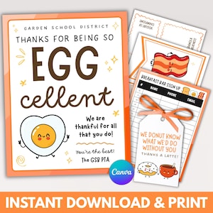May include: A collection of printable thank you cards and signs with an egg theme. The main sign says "Thanks for being so eggcellent" with a smiling egg illustration. Other cards include breakfast-themed designs and a sign-up sheet.