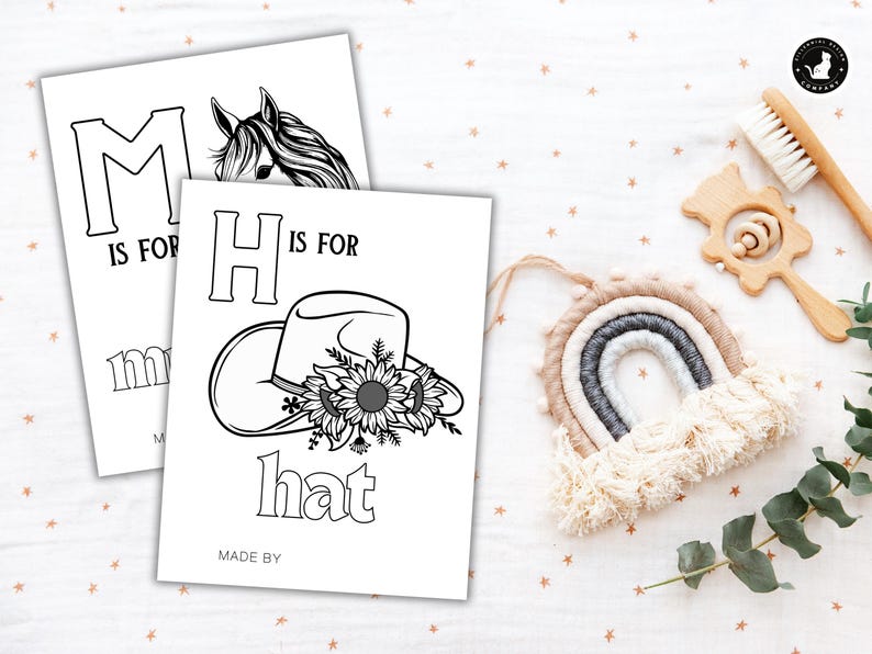 May include: Black and white printable coloring page featuring the letter H and the word "hat". The letter H is decorated with a cowboy hat with sunflowers. The text "H is for hat" is below the image.