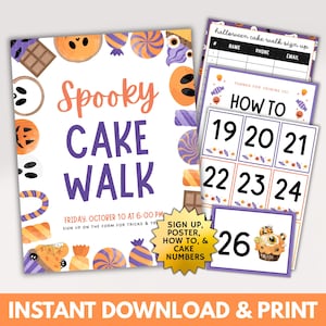 May include: A Halloween printable set featuring a "Spooky Cake Walk" poster, sign-up sheets, "How To" instructions, and cake number cards. The design uses orange, purple, and white with candy and spooky illustrations. The text "Instant Download & Print" is also included.