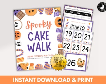 Może przedstawiać: Zestaw do druku na Halloween z plakatem "Spooky Cake Walk", arkuszami rejestracyjnymi, instrukcjami "How To" i kartami z numerami ciast. Projekt zawiera pomarańczowe, fioletowe i białe kolory ze słodyczami i upiornymi ilustracjami.