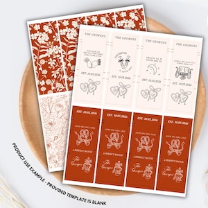 May include: Sheets of wedding-themed labels with floral and decorative designs. The labels feature the text "The Georges", dates, and various illustrations, including hearts and champagne glasses. The color scheme is a mix of cream and rust.