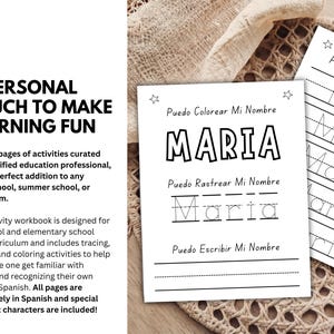 May include: A workbook with the name "Maria" in Spanish, designed for preschool and elementary school students. The workbook includes tracing, writing, and coloring activities. The text "A PERSONAL TOUCH TO MAKE LEARNING FUN" is displayed.