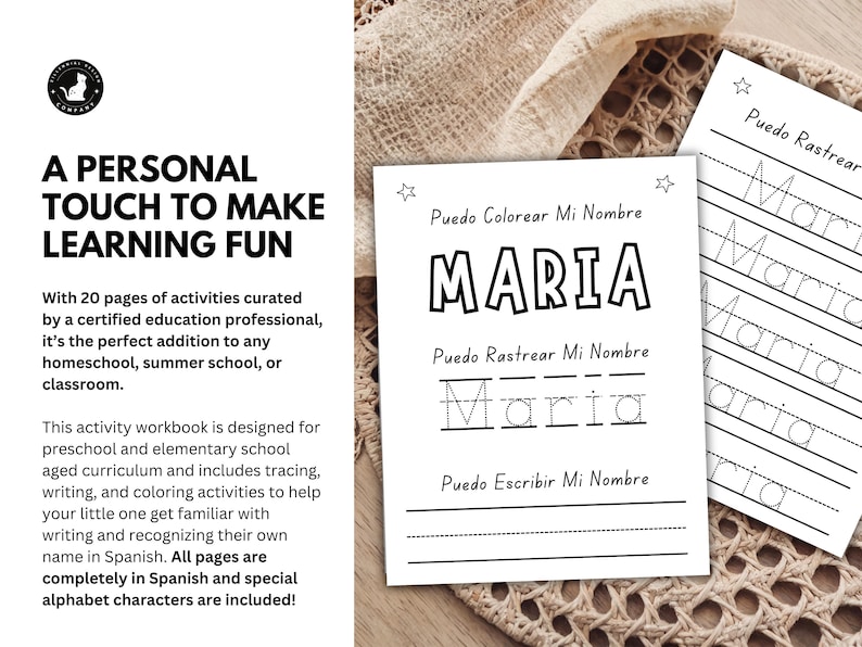 May include: A workbook with the name "Maria" in Spanish, designed for preschool and elementary school students. The workbook includes tracing, writing, and coloring activities. The text "A PERSONAL TOUCH TO MAKE LEARNING FUN" is displayed.