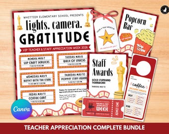 VIP Teacher Invitation Teacher Appreciation Week: Hollywood Movies Signs, Door Hangers, Gift Tags, Banners, Potluck Canva Template Bundle