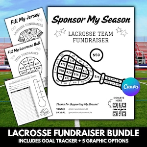 Könnte beinhalten: Ein schwarz-weißes Lacrosse-Fundraising-Bundle mit einem Ziel-Tracker und fünf grafischen Optionen. Die Hauptgrafik zeigt einen Lacrosseschläger mit Spendenbeträgen. Weitere Grafiken umfassen ein Trikot und einen Ball zum Ausfüllen mit Spenden.