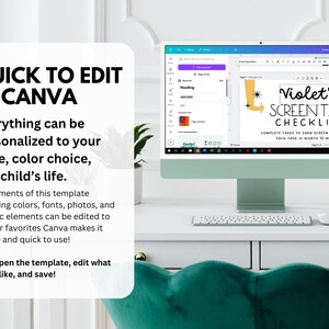 May include: A computer screen displaying a customizable screen time checklist template for kids. The template is designed to be edited in Canva and features a colorful design with a star and arrow graphic. The text on the screen reads "Violet's Screen Time Checklist" and "Complete tasks to earn screen time minutes. Each task is worth 10 minutes."