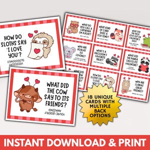 Puede incluir: Un conjunto de tarjetas de San Valentín con ilustraciones de animales. Cada tarjeta presenta un juego de palabras o una broma, como "¿Cómo dicen los perezosos 'Te amo'?" y "¿Qué le dijo la vaca a sus amigos?". Las tarjetas tienen un borde a cuadros rojo y blanco.