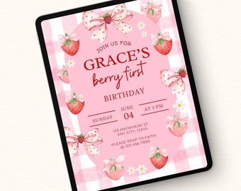 Plantilla de invitación para primer cumpleaños de bayas / Invitación digital editable / Descarga instantánea