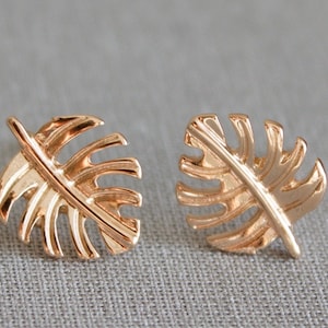 14K Solid Rose Gold Leaf Studs, Solid Gold Earrings, Rose Gold Leaf Studs