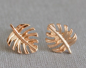 14K Solid Rose Gold Leaf Studs, Solid Gold Earrings, Rose Gold Leaf Studs