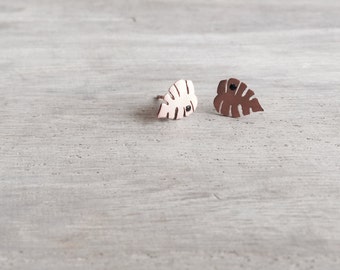 14K Solid Rose Gold Tropical Leaf Studs, Solid Gold Earrings, Rose Gold Leaf Studs