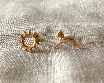 14K Solid Rose Gold Moon and Sun Studs, Solid Gold Earrings, Rose Gold Studs