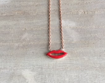 14K Rose Gold Red Enameled Kiss Me Again Necklaces, Lip Pendant Necklace, 14K Rose Gold