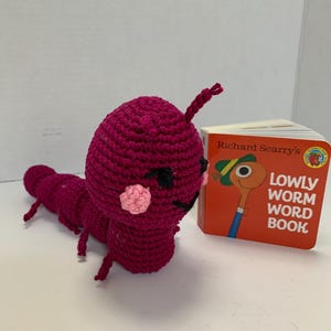 Crocheted Worm Plushie with "Lowly Worm Word Book" - Amigurumi Stuffed Toy