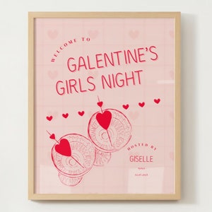 Póster rosa de la noche de chicas de Galentine / Letrero de bienvenida elegante con temática vintage Póster de la noche de chicas del día de San Valentín Estética moderna / Impresión digital