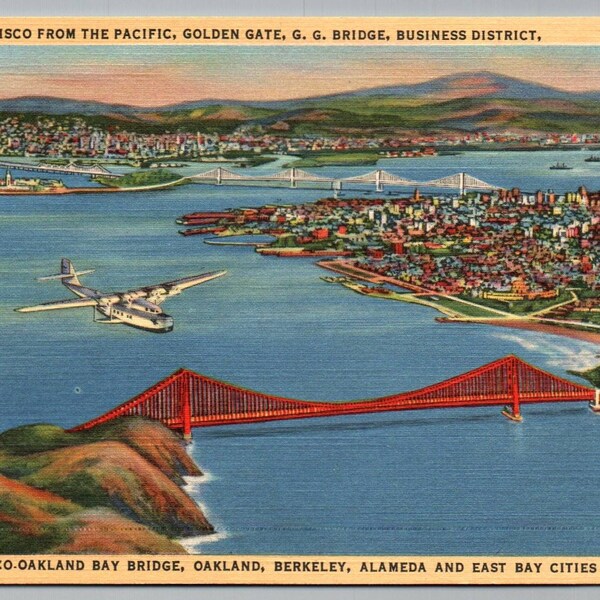 San Francisco Bay Postcard showing Golden Gate Bridge in California Vintage Linen Post Card - Size 5.5x3.5 inches