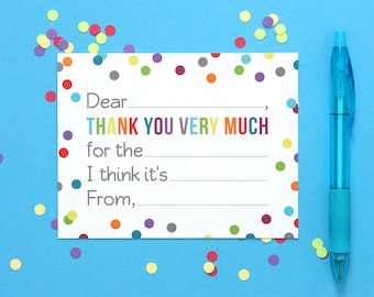 Fill in the Blank Thank You Notes for Kids - Confetti Polka Dot Flat Card and Envelopes - 4.25 X 5.5 Inches - Pack of 10
