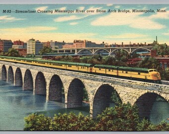 Postcard Minneapolis Minnesota Streamliner Train Crossing Stone Arch Bridge - Vintage Linen Standard Size Card 5.5x3.5
