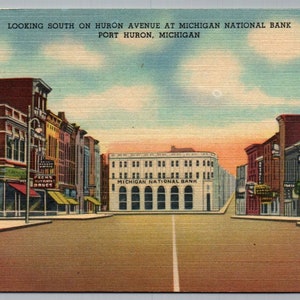 Port Huron Michigan Postcard Looking South on Huron Avenue at MI National Bank | Genuine Vintage Linen Card 3.5" x 5.5"  inches