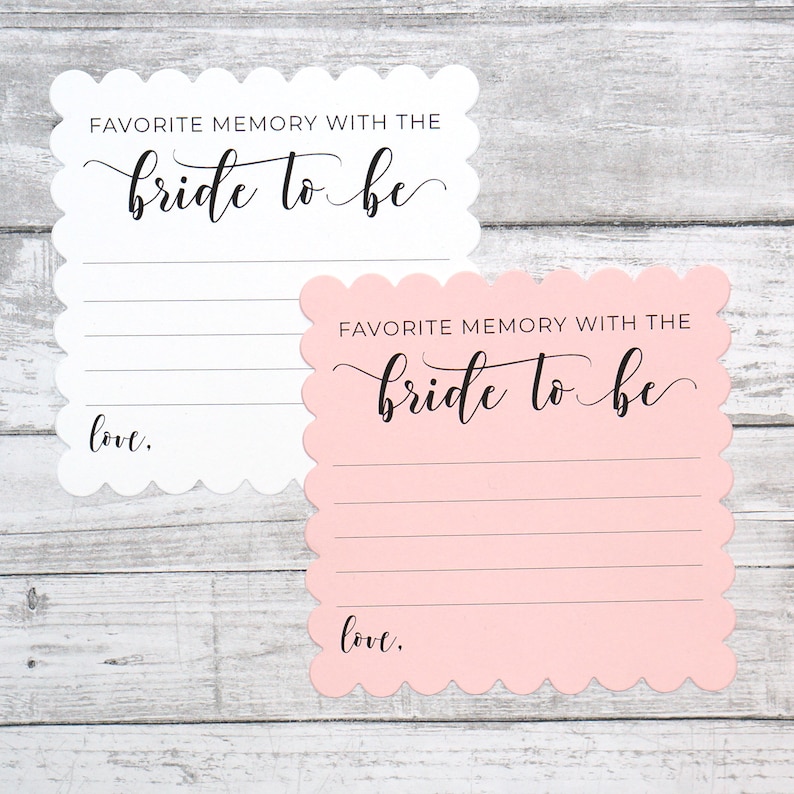 Favorite Memory with the Bride to Be - Bridal Shower Guestbook, Game or Activity - Printed Scallop Square Cards Mix of Pink & White