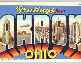 Akron Ohio Postcard Greetings from Large Letter Linen - Old Post Card Size 3.5x5.5