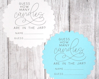 Juego de adivinanzas para baby shower / Tarjetas de juego de adivinanzas para tarro de dulces / Círculo festoneado impreso / Tamaño 4.5 pulgadas
