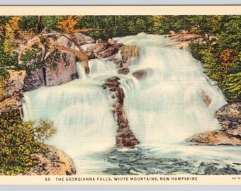 Georgiana Falls Postcard in the White Mountains of New Hampshire - Waterfall Post Card - Linen Size 5.5x3.5 inches