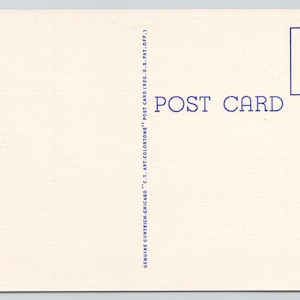 K&ouml;nnte beinhalten: Eine cremefarbene Postkartenr&uuml;ckseite mit blauem Text. Oben rechts befindet sich ein quadratisches Feld mit dem Text 'PLACE STAMP HERE'. In der Mitte steht 'POST CARD'. Links steht 'HALLAM & VESTY, ALEXANDRIA BAY, N. Y.' und auf der Trennlinie 'GENUINE CURTEICH-CHICAGO 'C.T. ART-COLORTONE' POST CARD (REG. U.S. PAT. OFF.)'.