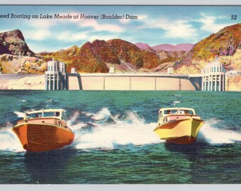 Lake Mead Postcard Speed Boating on Hoover Dam Postcard in Nevada - Standard Size 3.5x5.5 inches - Linen Post Card