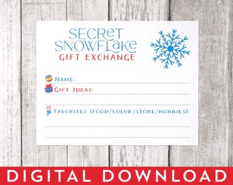 Secret Snowflake Gift Exchange Printable PDF, Christmas Gift List for Coworkers, Students, Family, Holiday Party - Digital Files