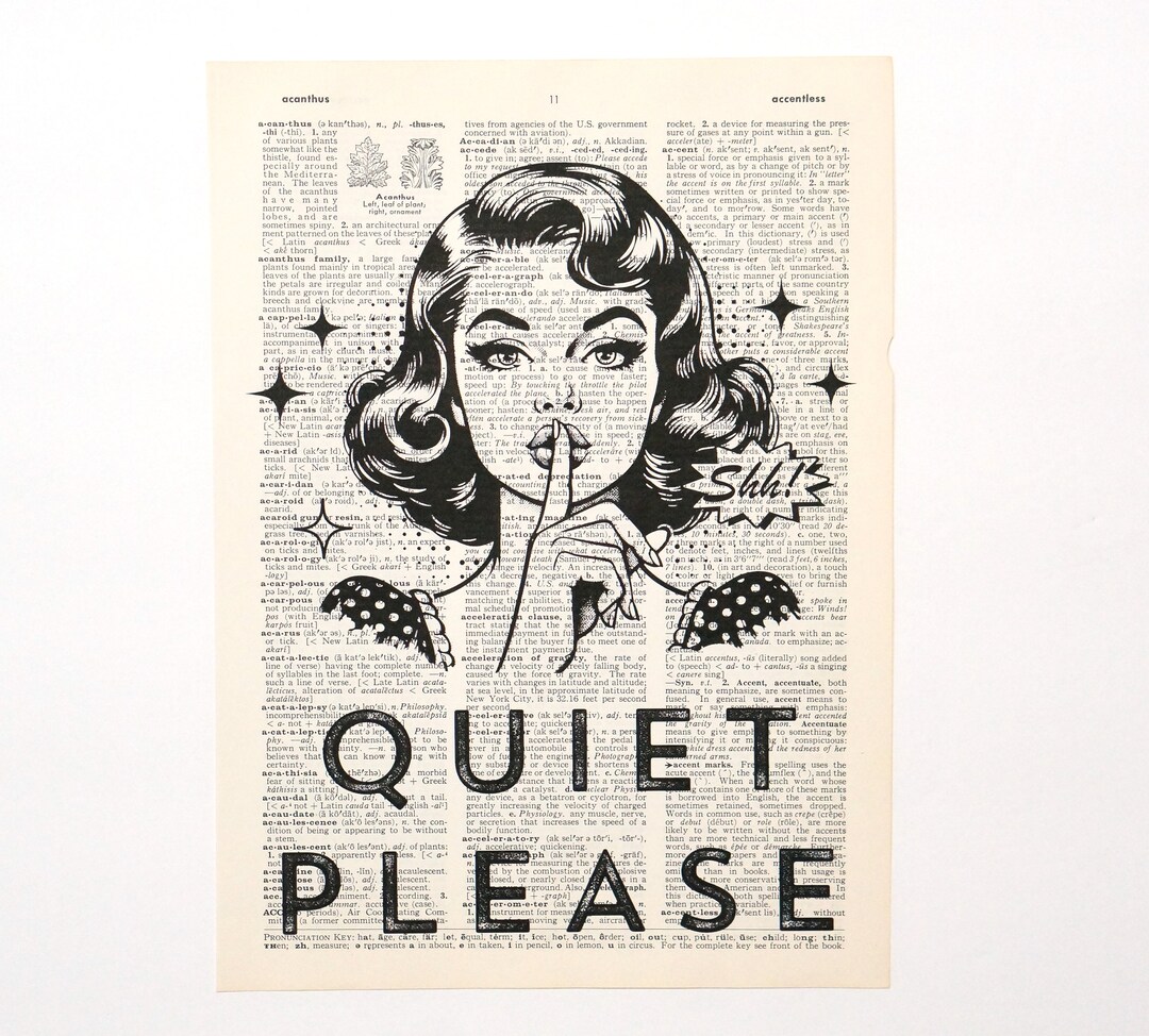 Quiet Please Sign Dictionary Print - Shh Black and White, Lady ...