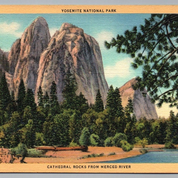 Yosemite National Park Vintage Postcard of Cathedral Rocks from Merced River - Linen Unposted Card